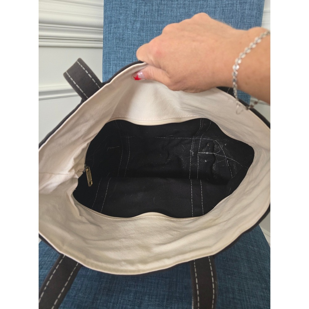 LL Bean Boat and Tote Zip Top Canvas Bag Black Natural ASU Monogram Medium Long - Picture 3 of 7
